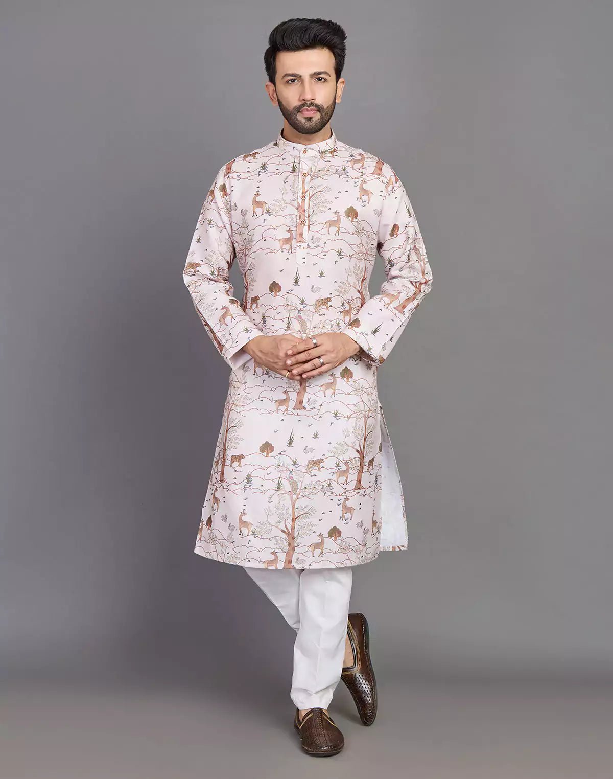 Image of Natural Coloured Botanical and Animal Print Cotton Men Kurta - South India Shopping Mall