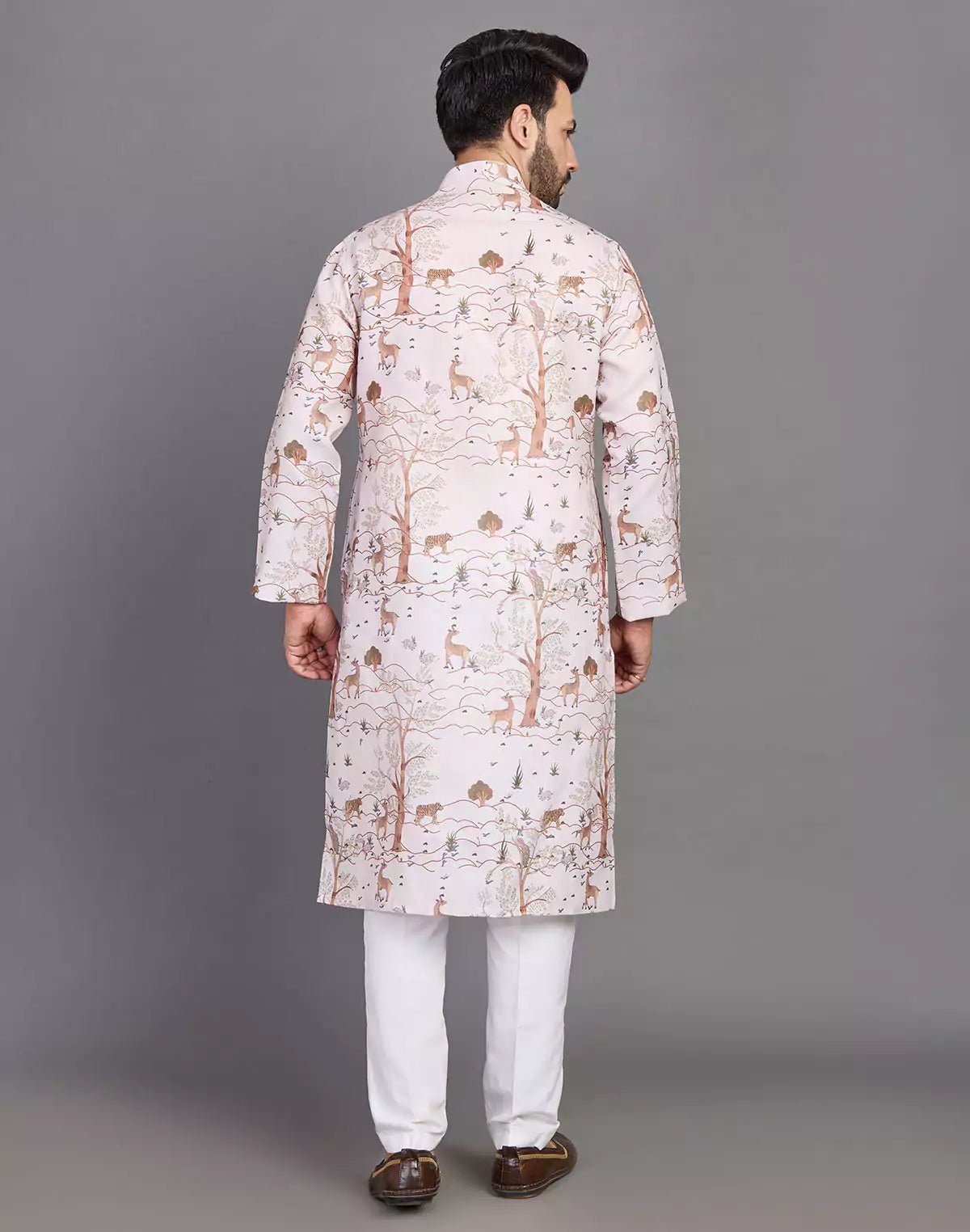 Image of Natural Coloured Botanical and Animal Print Cotton Men Kurta - South India Shopping Mall