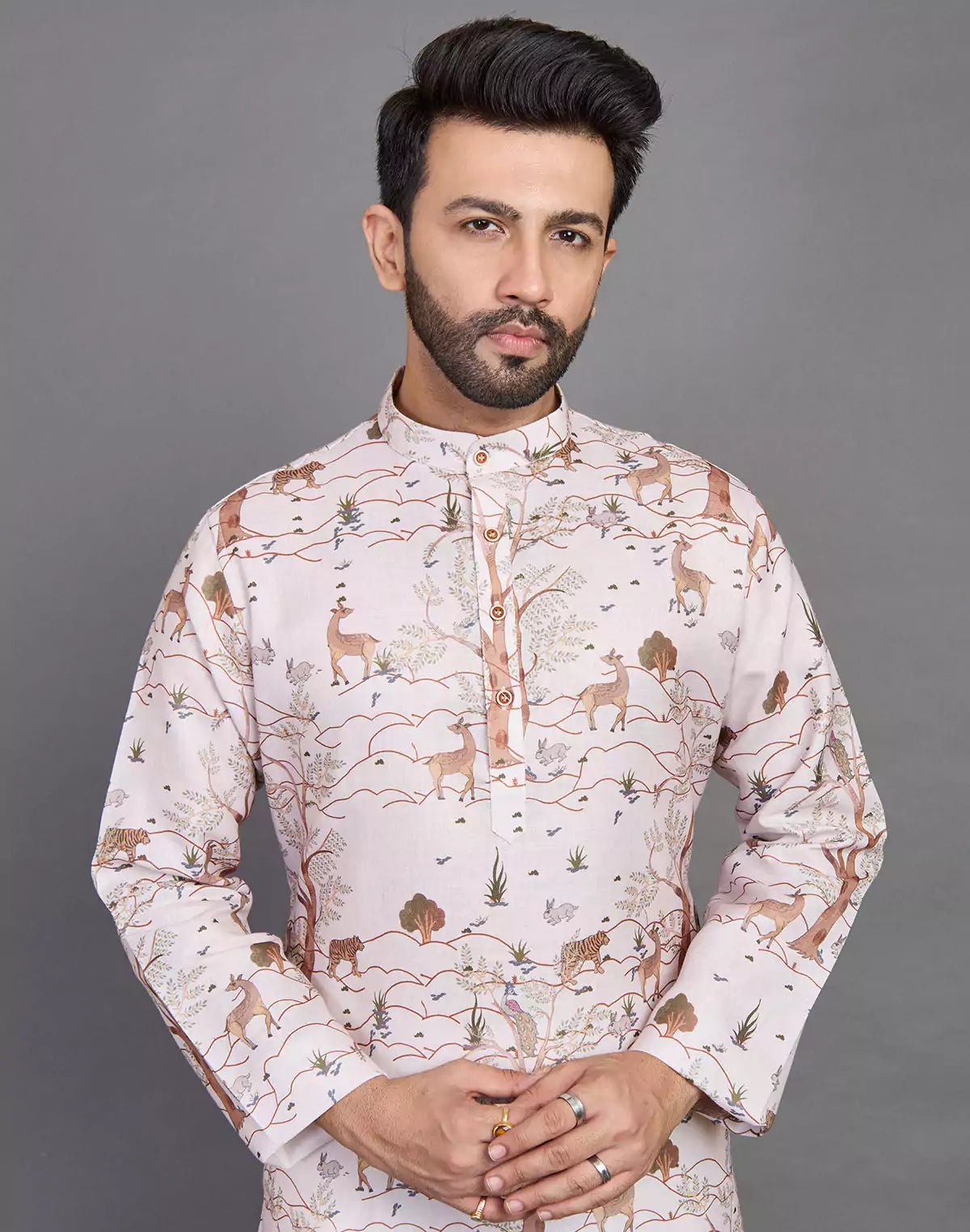 Image of Natural Coloured Botanical and Animal Print Cotton Men Kurta - South India Shopping Mall