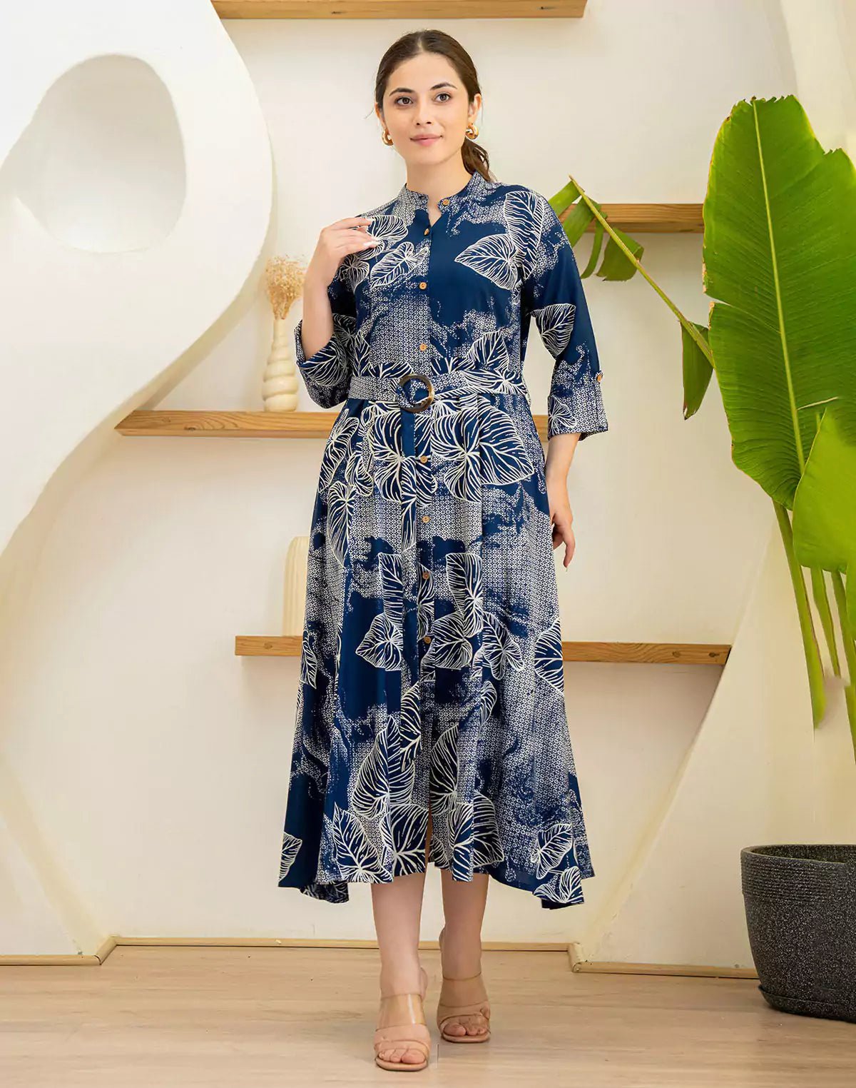 Image of Navy Blue Botanical Print Cotton Silk Kurti With Belt - South India Shopping Mall