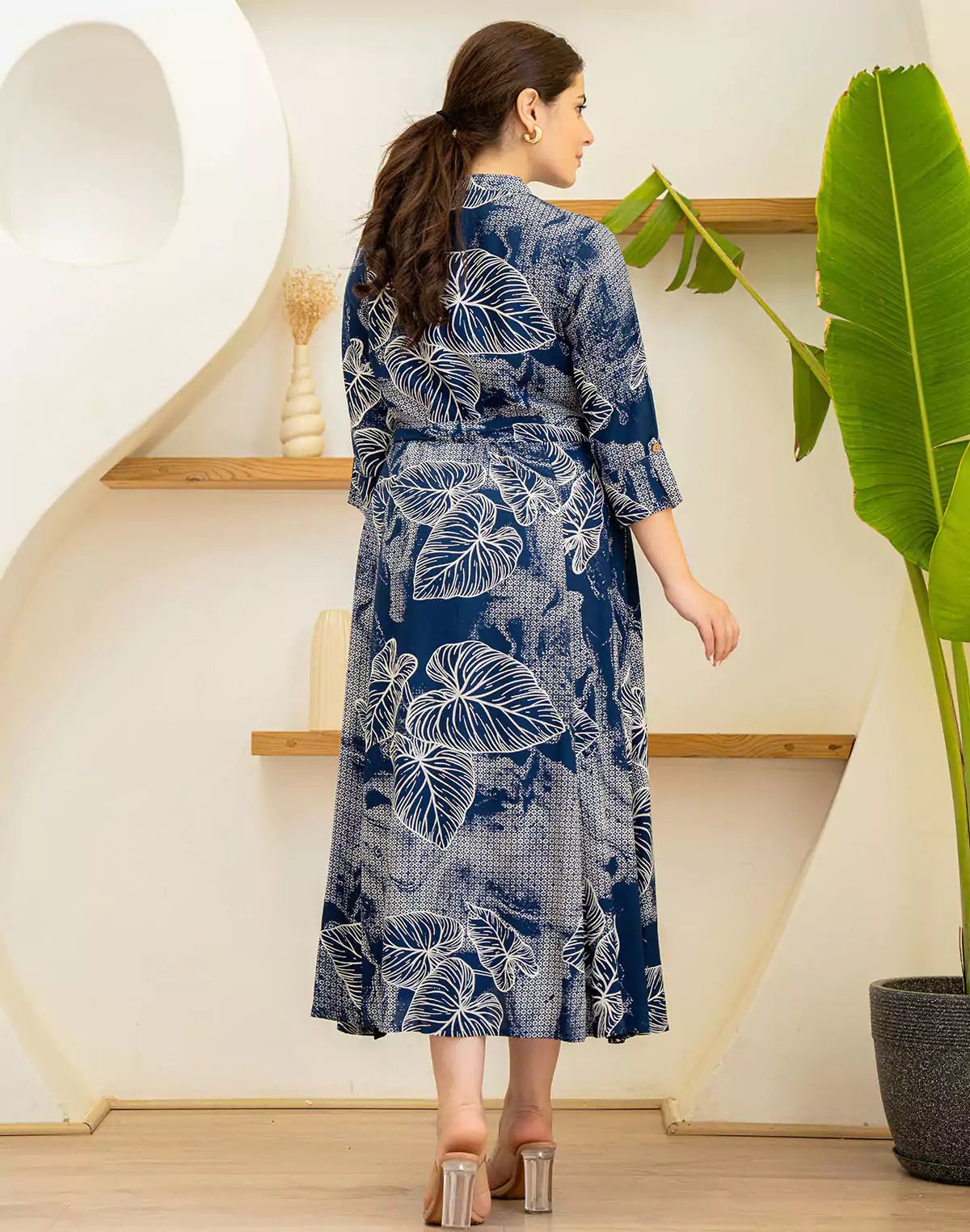 Image of Navy Blue Botanical Print Cotton Silk Kurti With Belt - South India Shopping Mall