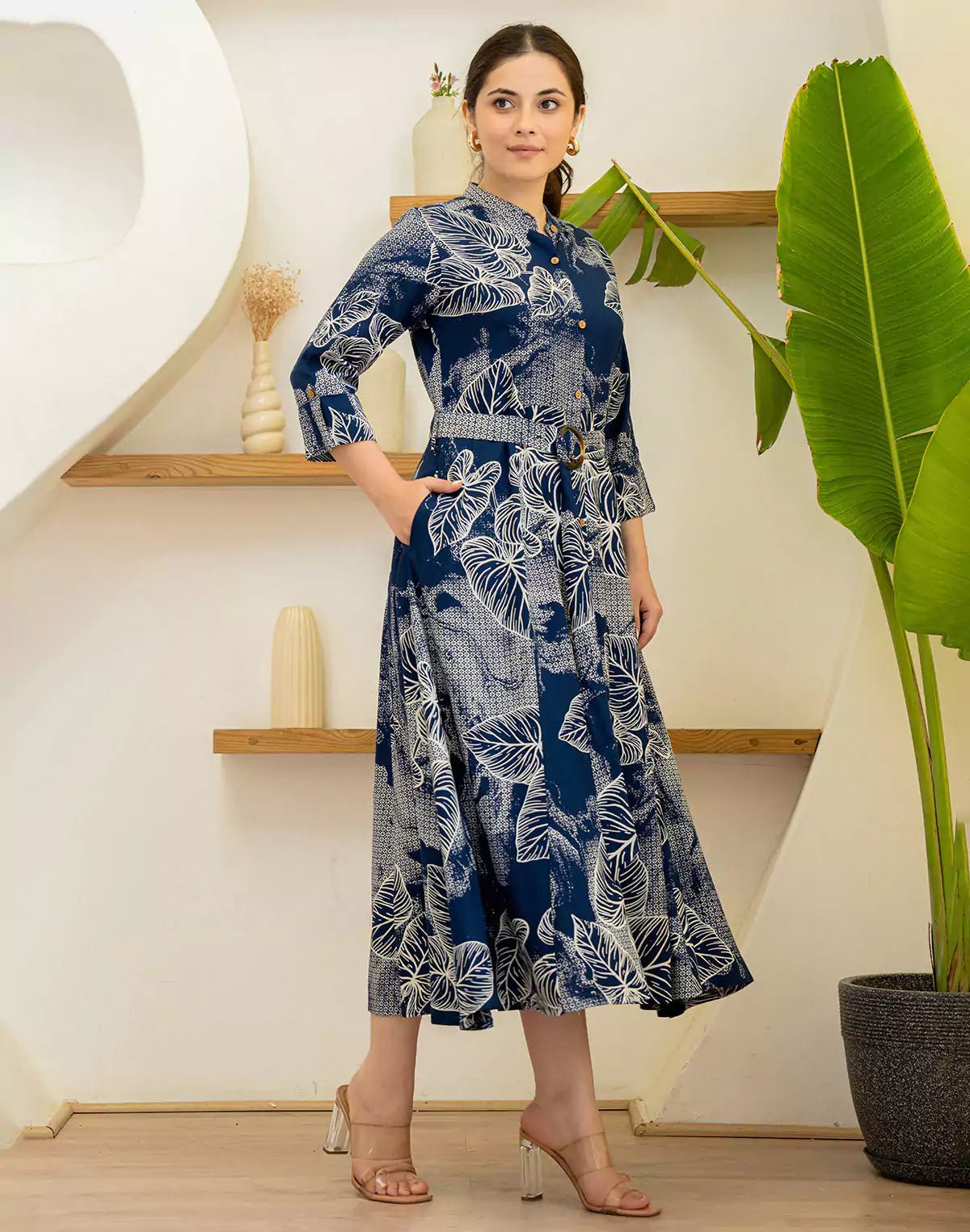 Image of Navy Blue Botanical Print Cotton Silk Kurti With Belt - South India Shopping Mall