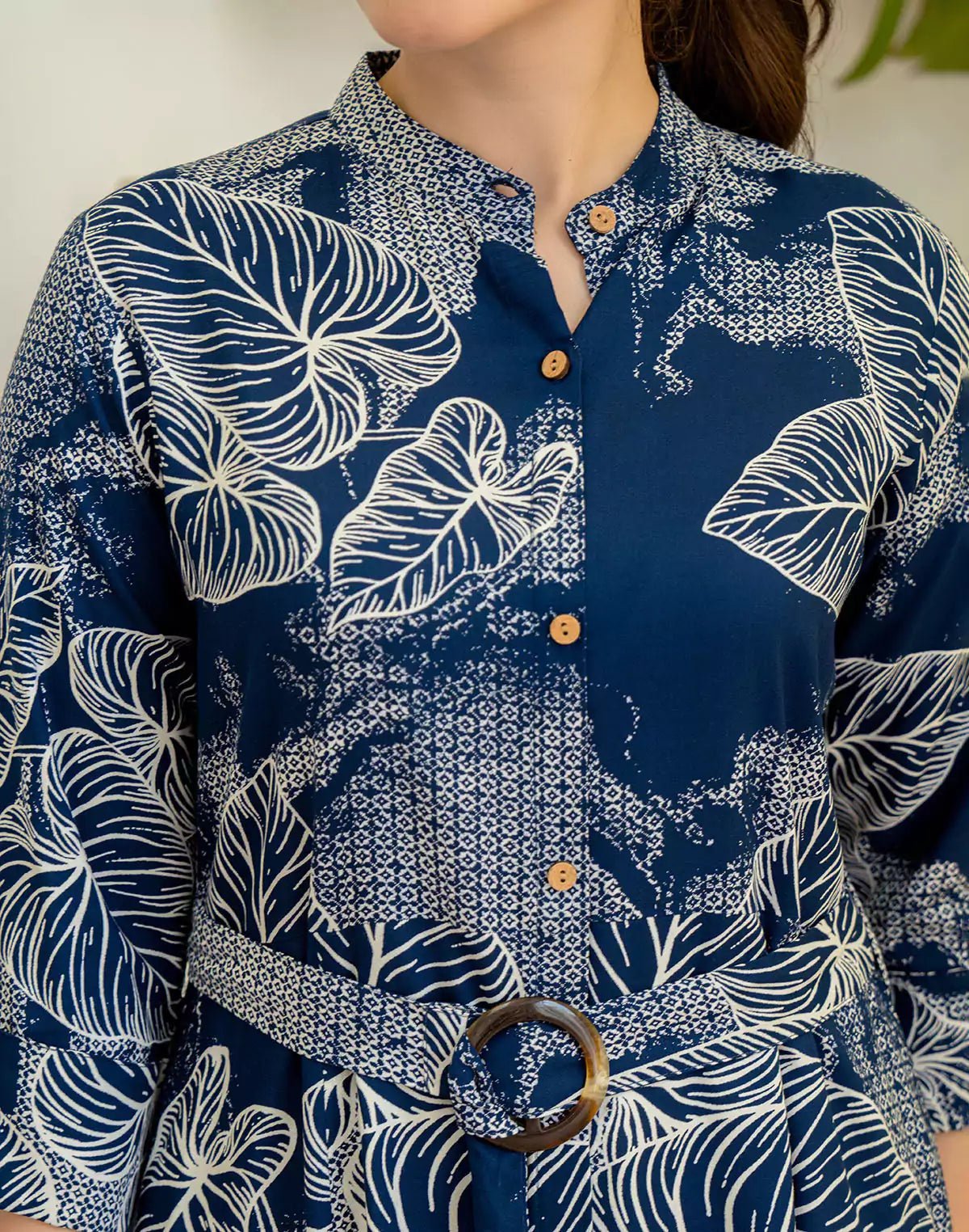 Image of Navy Blue Botanical Print Cotton Silk Kurti With Belt - South India Shopping Mall