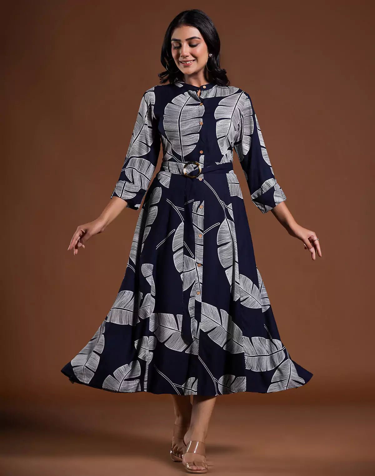 Image of Navy Blue Cotton Silk Peonies Print Kurti With Belt - South India Shopping Mall