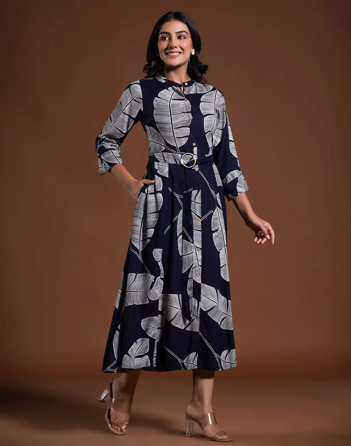 Image of Navy Blue Cotton Silk Peonies Print Kurti With Belt - South India Shopping Mall