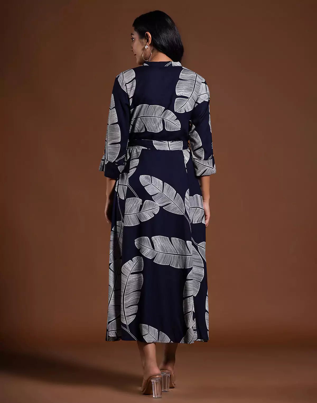 Navy Blue Cotton Silk Peonies Print Kurti With Belt - South India Shopping Mall