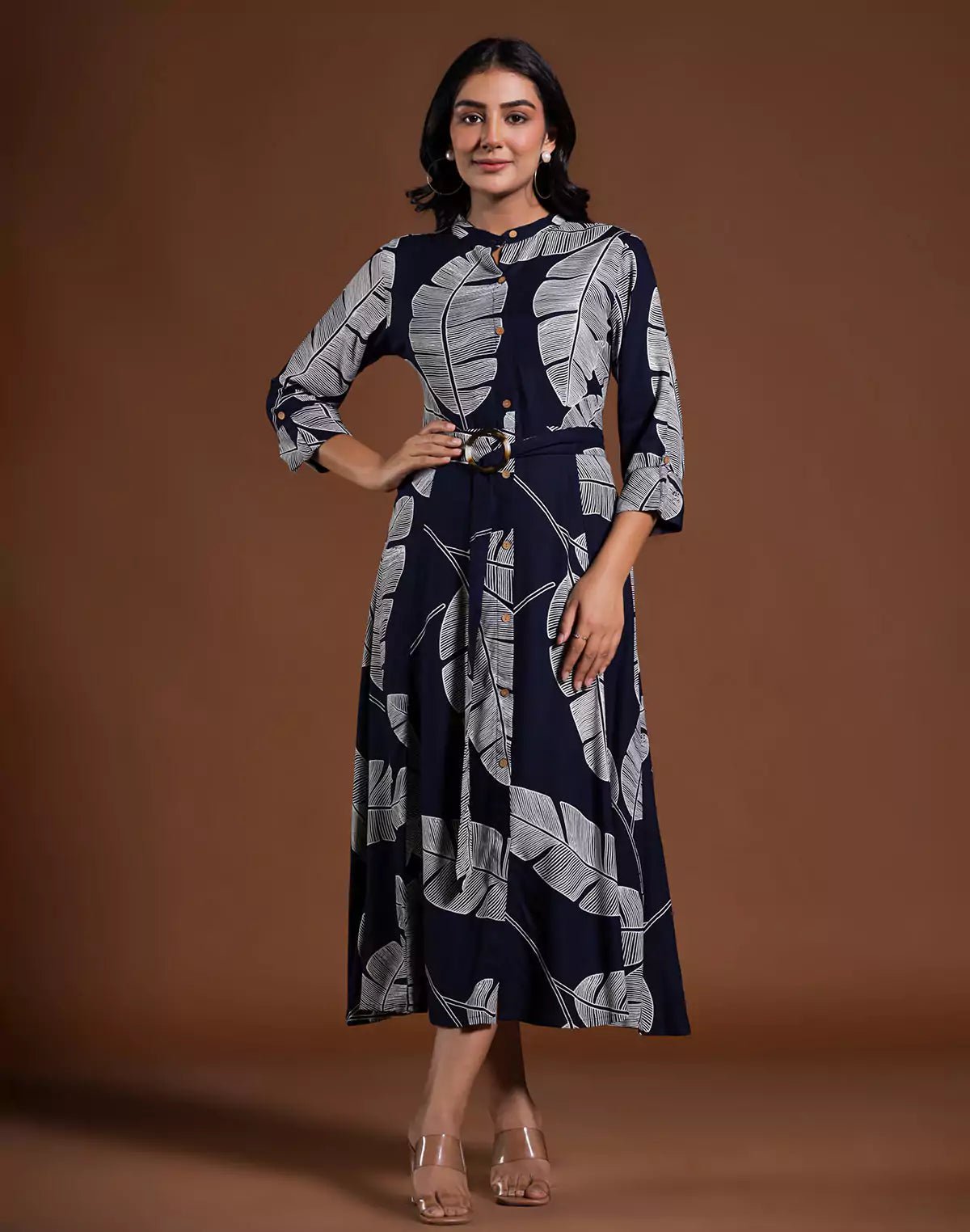 Image of Navy Blue Cotton Silk Peonies Print Kurti With Belt - South India Shopping Mall