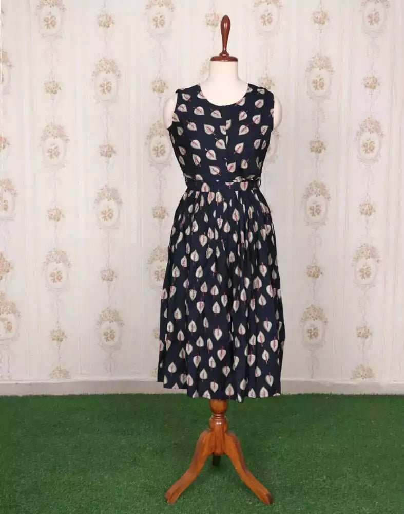 Image of Navy Blue Cotton Silk Short Kurti with Belt - South India Shopping Mall