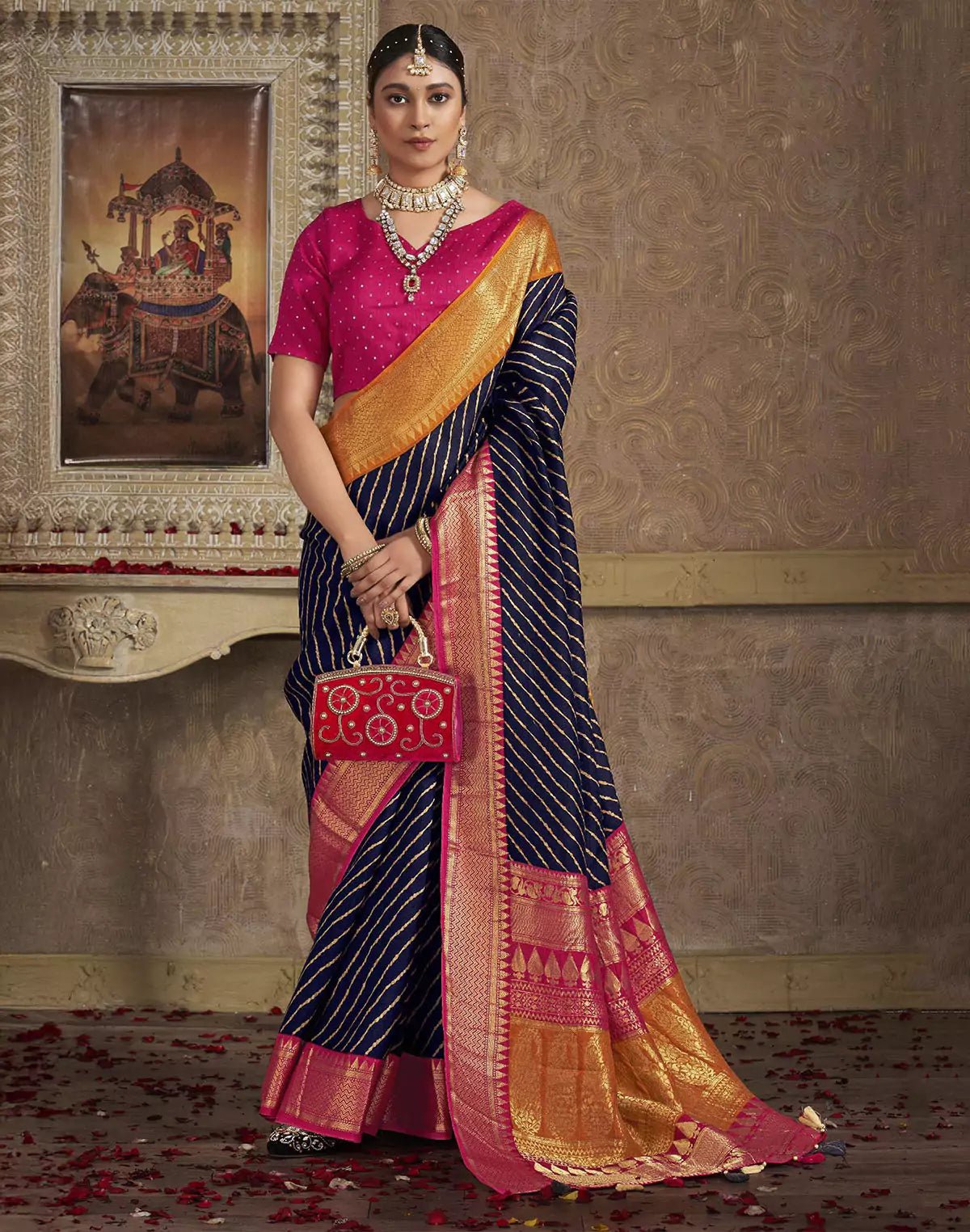 Image of Navy Blue Dola Silk Contrast Saree With Ganga Jamuna Border - South India Shopping Mall