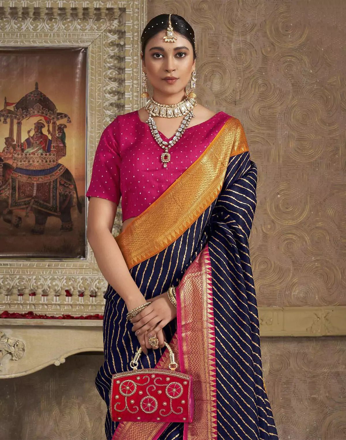 Image of Navy Blue Dola Silk Contrast Saree With Ganga Jamuna Border - South India Shopping Mall