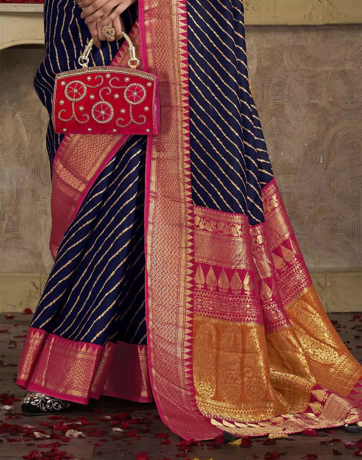 Image of Navy Blue Dola Silk Contrast Saree With Ganga Jamuna Border - South India Shopping Mall