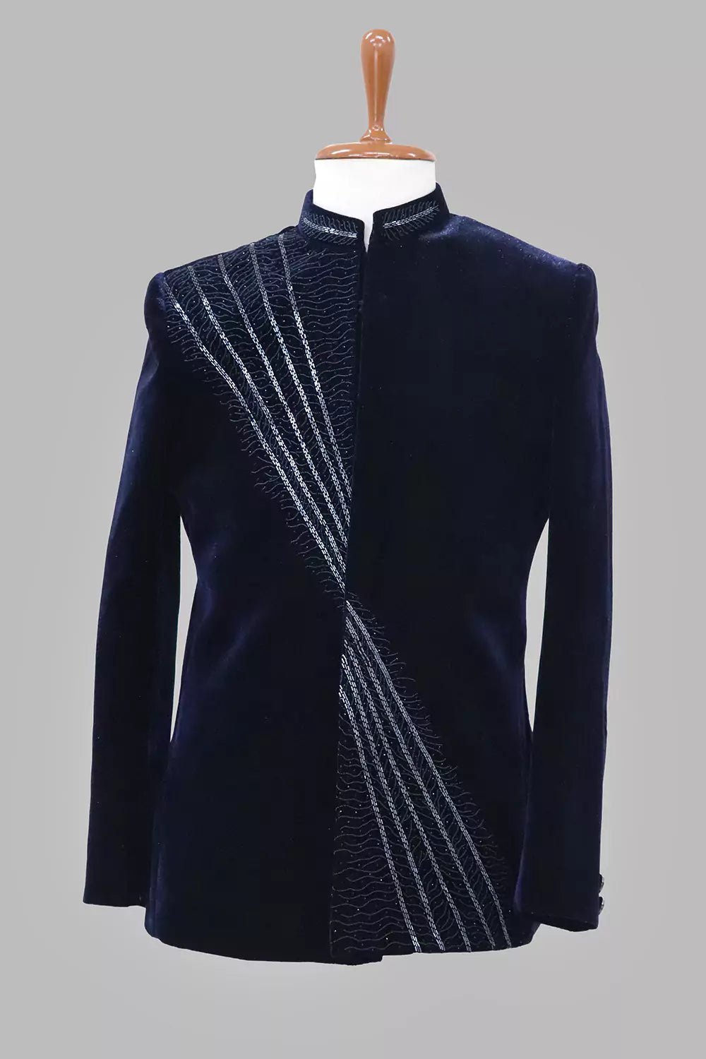 Image of Navy Blue Elegant Cutdana Velvet Bandhgala Set - South India Shopping Mall