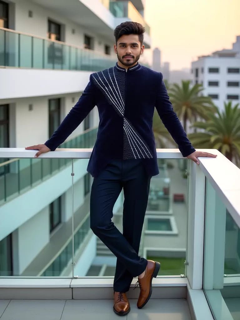 Image of Navy Blue Elegant Cutdana Velvet Bandhgala Set - South India Shopping Mall