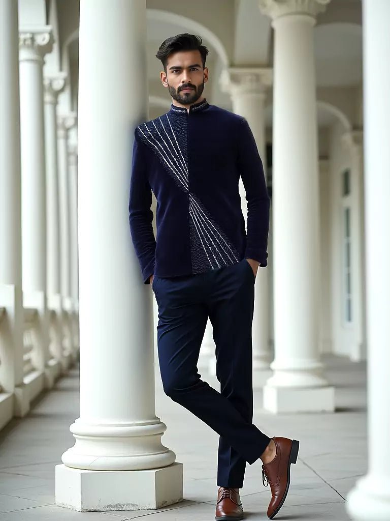 Image of Navy Blue Elegant Cutdana Velvet Bandhgala Set - South India Shopping Mall