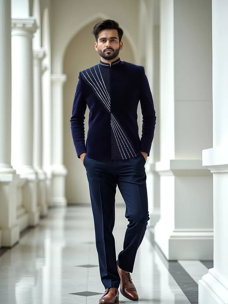 Image of Navy Blue Elegant Cutdana Velvet Bandhgala Set - South India Shopping Mall