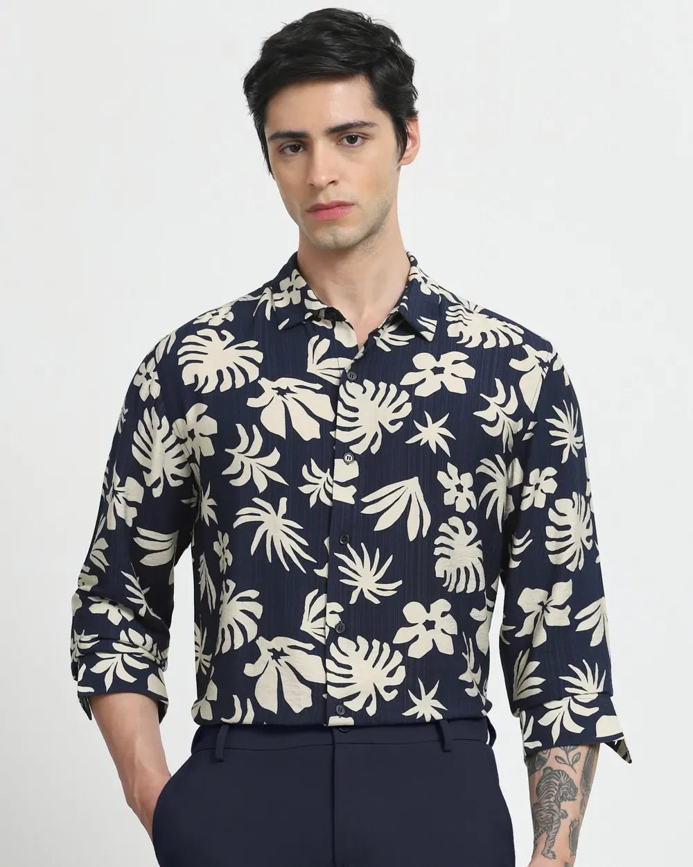 Image of Navy Blue Floral Design Viscose Full Sleeve Shirt - South India Shopping Mall