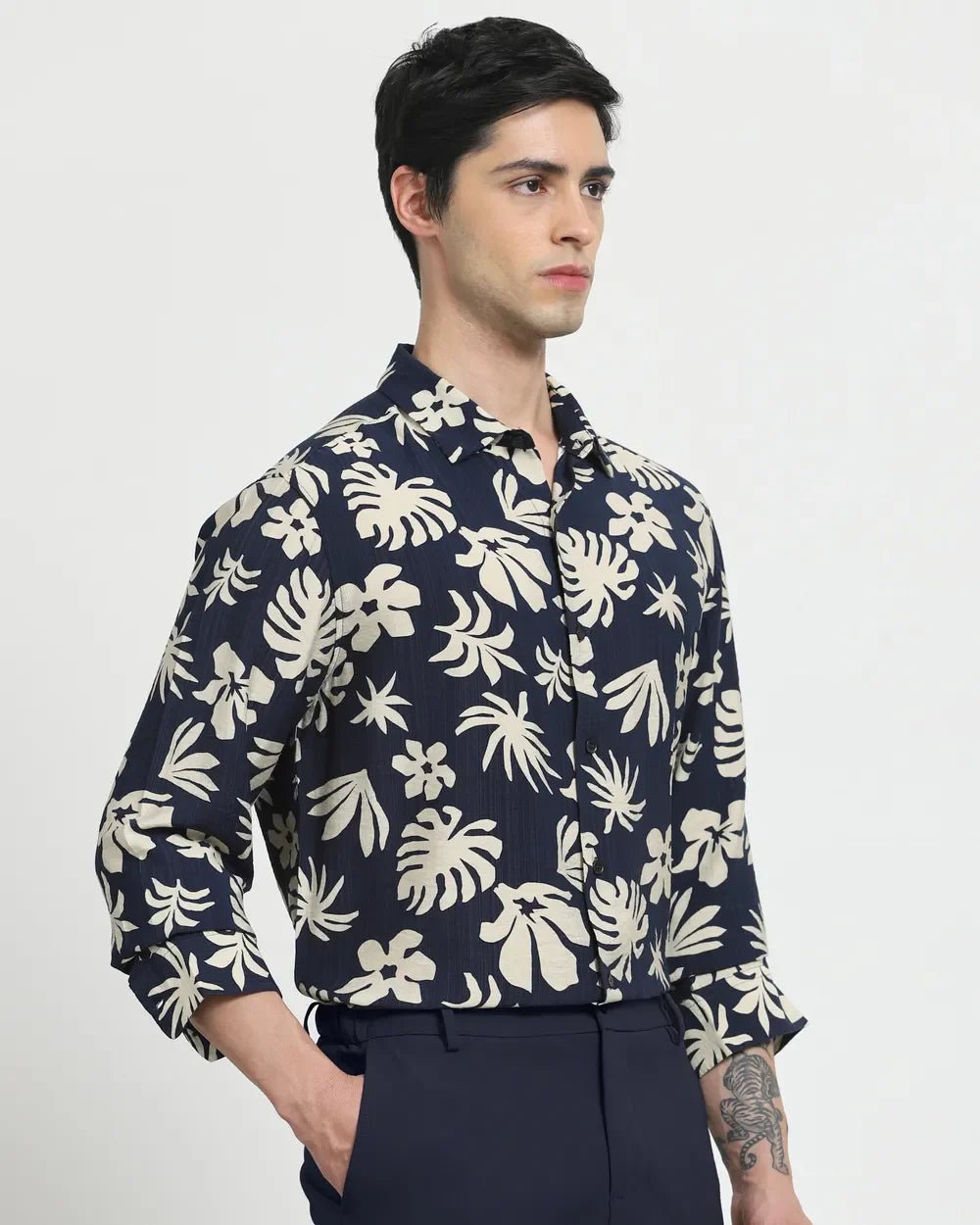 Image of Navy Blue Floral Design Viscose Full Sleeve Shirt - South India Shopping Mall