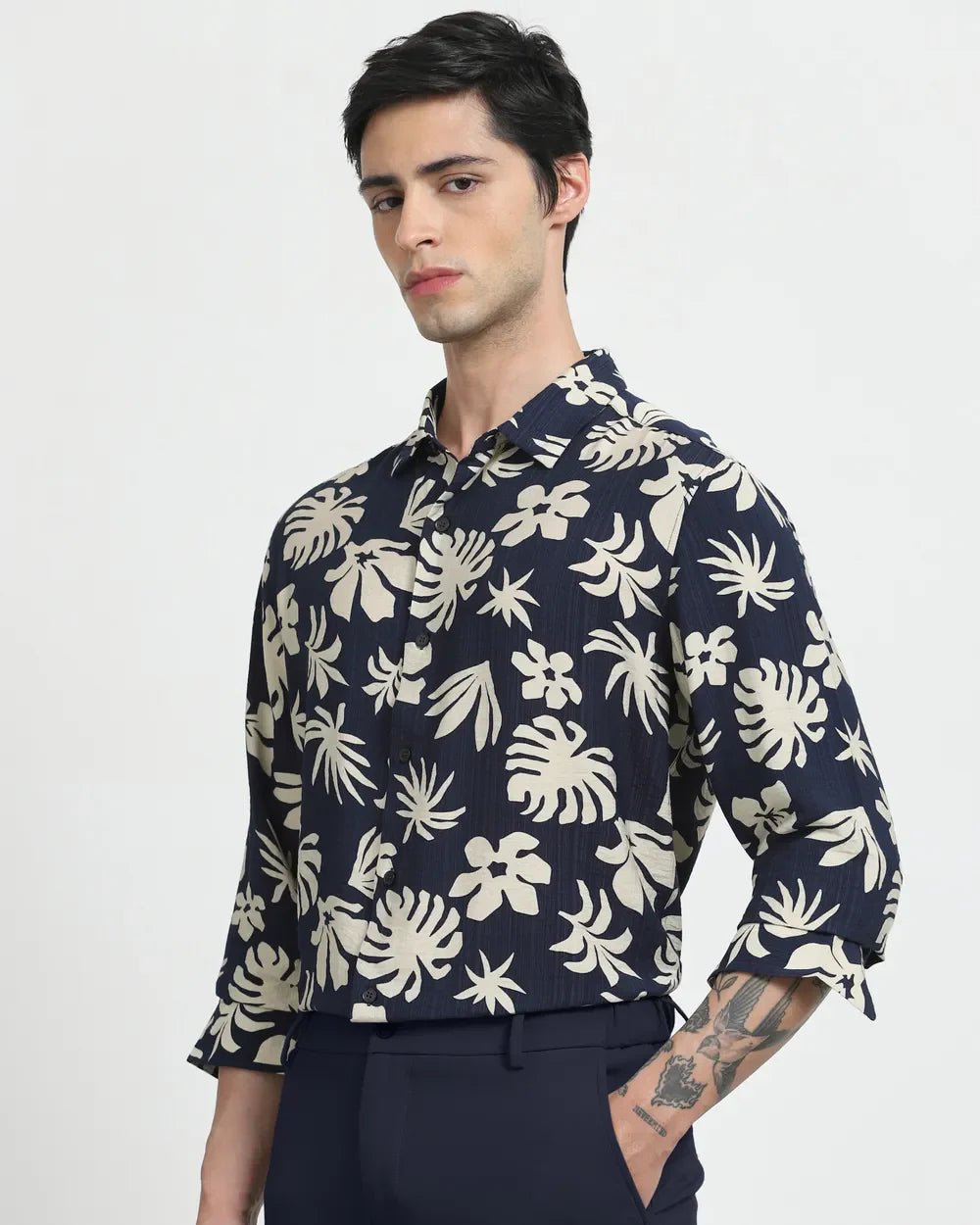 Image of Navy Blue Floral Design Viscose Full Sleeve Shirt - South India Shopping Mall