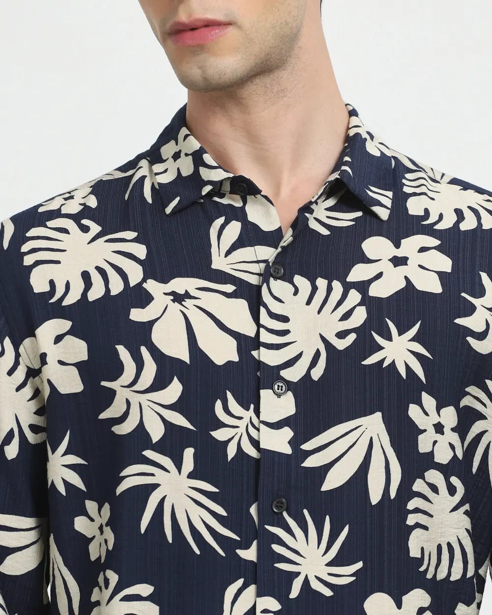 Image of Navy Blue Floral Design Viscose Full Sleeve Shirt - South India Shopping Mall