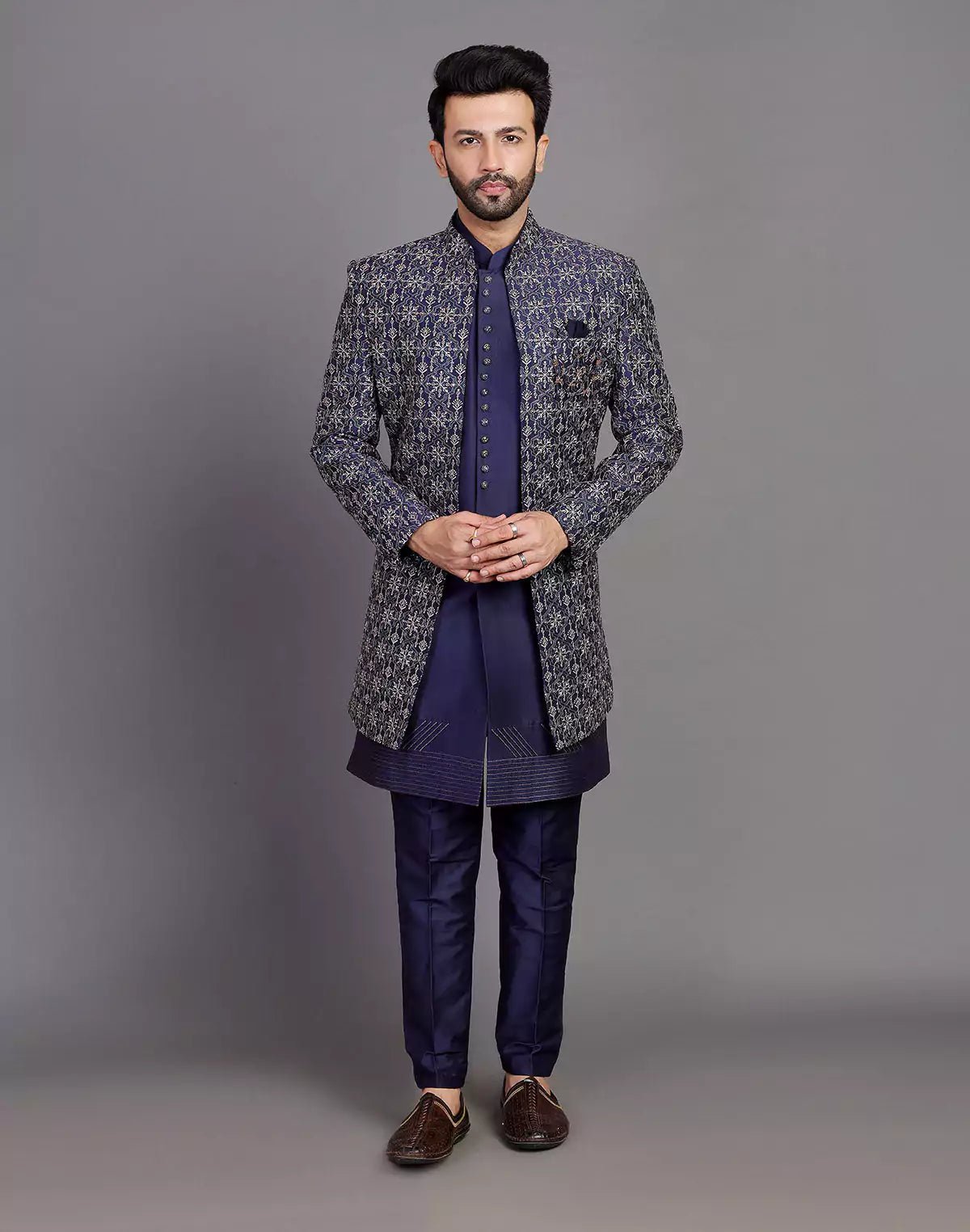 Image of Navy Blue Floral Raw Silk Embroidery Work Open Jacket Style - South India Shopping Mall