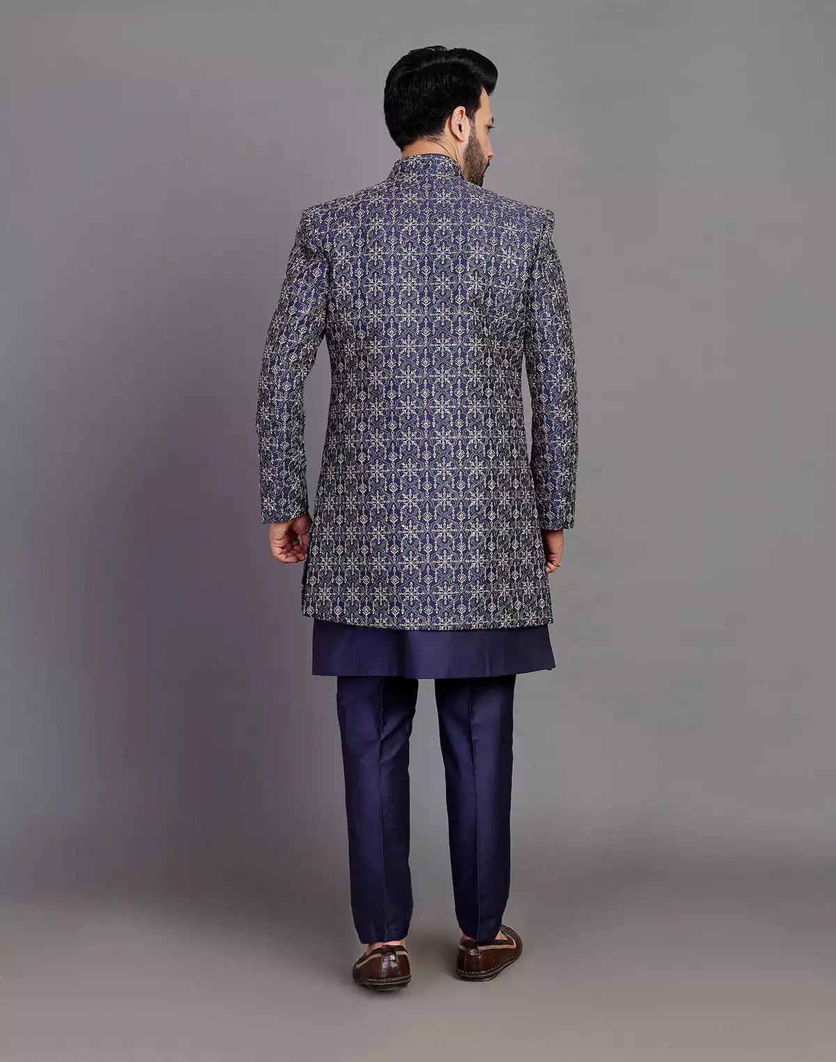 Image of Navy Blue Floral Raw Silk Embroidery Work Open Jacket Style - South India Shopping Mall