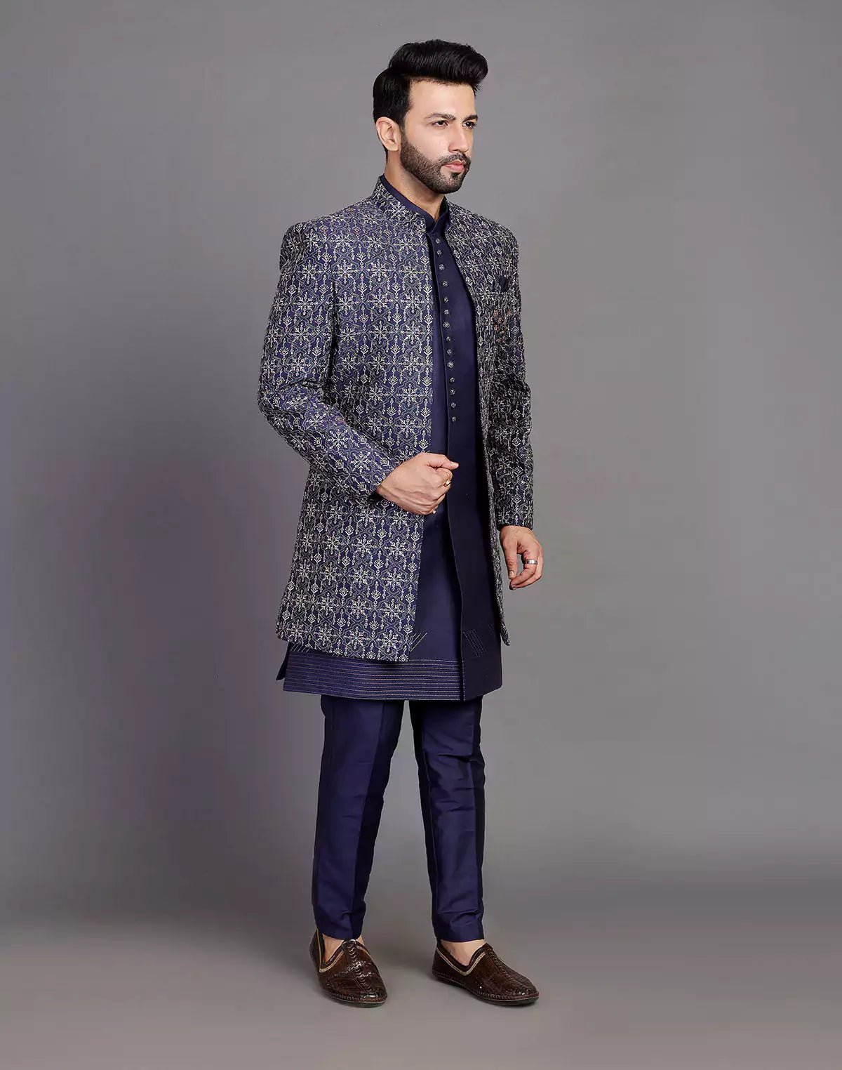 Image of Navy Blue Floral Raw Silk Embroidery Work Open Jacket Style - South India Shopping Mall