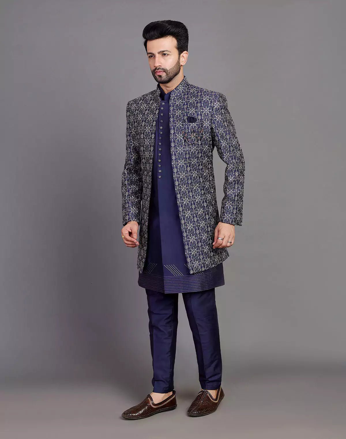 Image of Navy Blue Floral Raw Silk Embroidery Work Open Jacket Style - South India Shopping Mall