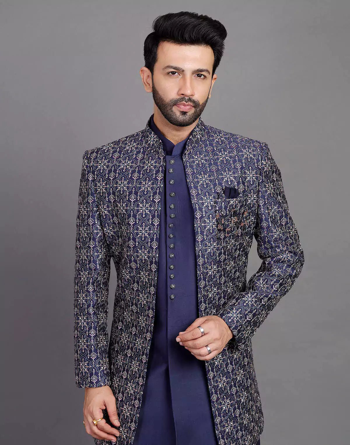 Image of Navy Blue Floral Raw Silk Embroidery Work Open Jacket Style - South India Shopping Mall