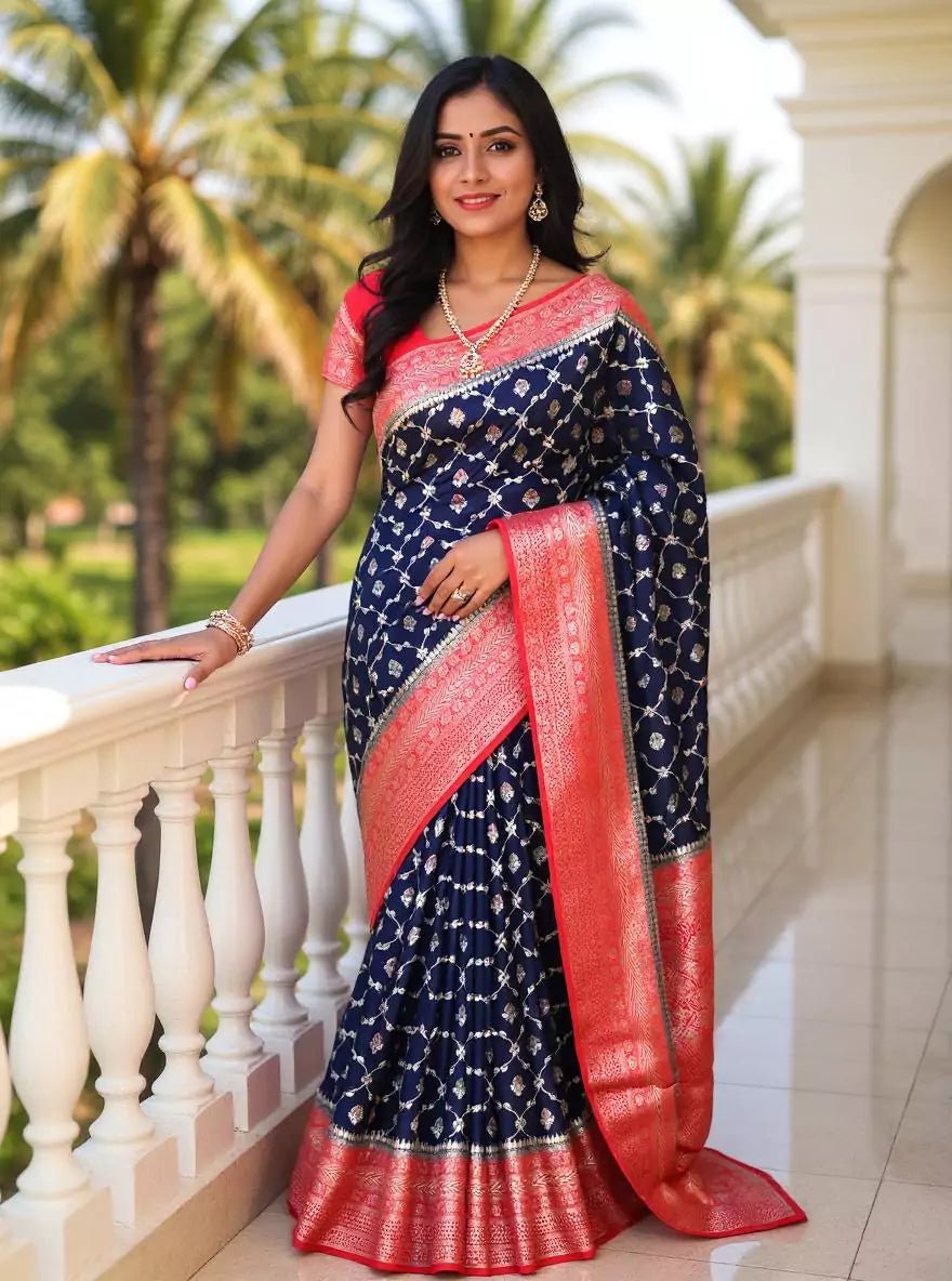 Image of Navy Blue Floral Raw Silver Zari Banaras Jute Silk Saree - South India Shopping Mall