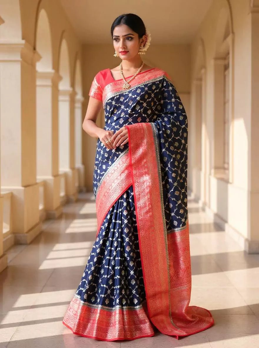 Navy Blue Floral Raw Silver Zari Banaras Jute Silk Saree - South India Shopping Mall