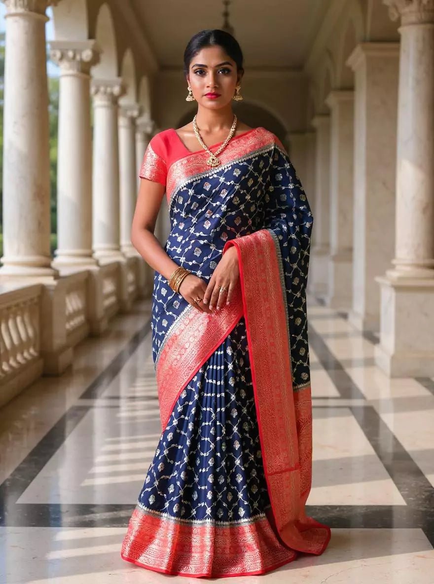 Navy Blue Floral Raw Silver Zari Banaras Jute Silk Saree - South India Shopping Mall