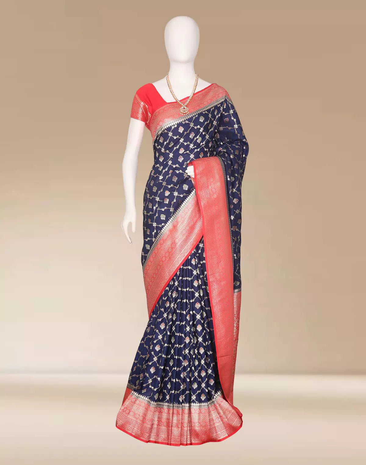 Image of Navy Blue Floral Raw Silver Zari Banaras Jute Silk Saree - South India Shopping Mall