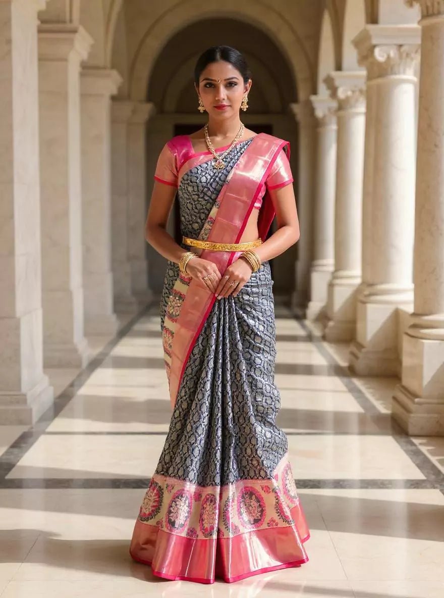 Image of Navy Blue Floral Silver Zari Kanchi Meenakari Silk Saree - South India Shopping Mall