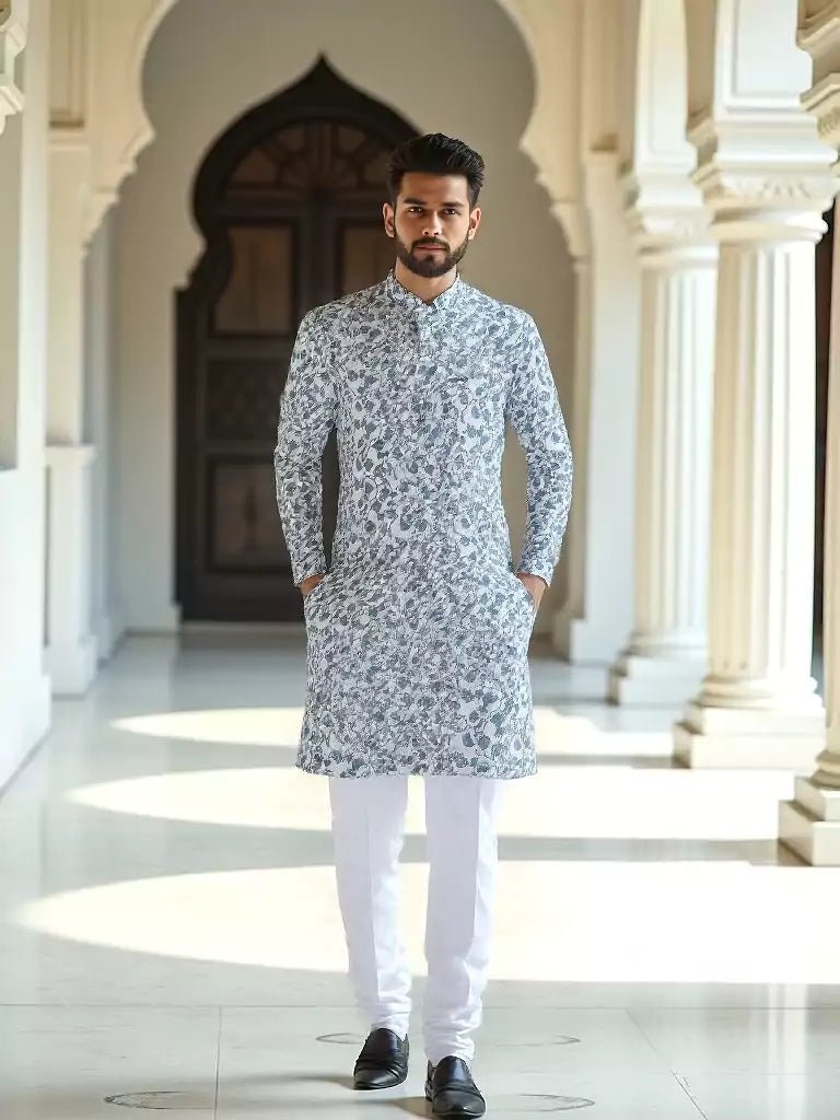 Image of Navy Blue Floral with Birds Printed Cotton Kurta - South India Shopping Mall