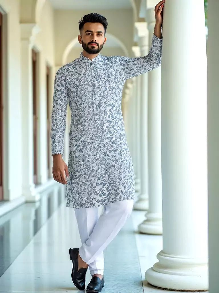 Image of Navy Blue Floral with Birds Printed Cotton Kurta - South India Shopping Mall