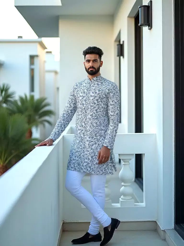 Image of Navy Blue Floral with Birds Printed Cotton Kurta - South India Shopping Mall
