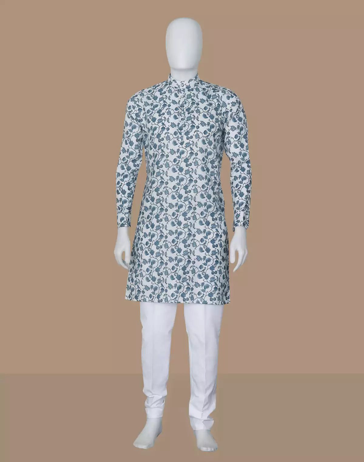Image of Navy Blue Floral with Birds Printed Cotton Kurta - South India Shopping Mall