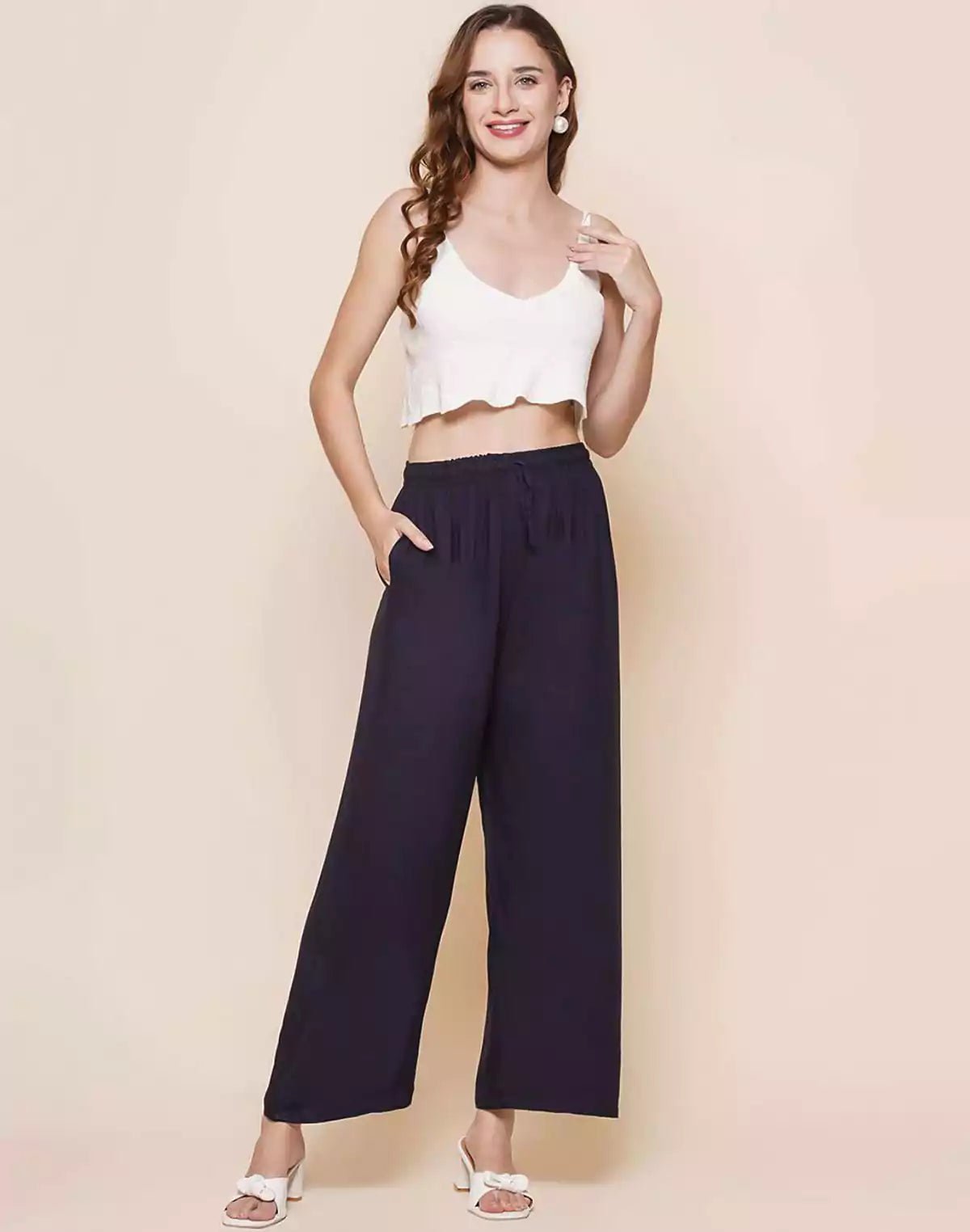 Image of Navy Blue Plain Rayon Plazzo Pant - South India Shopping Mall