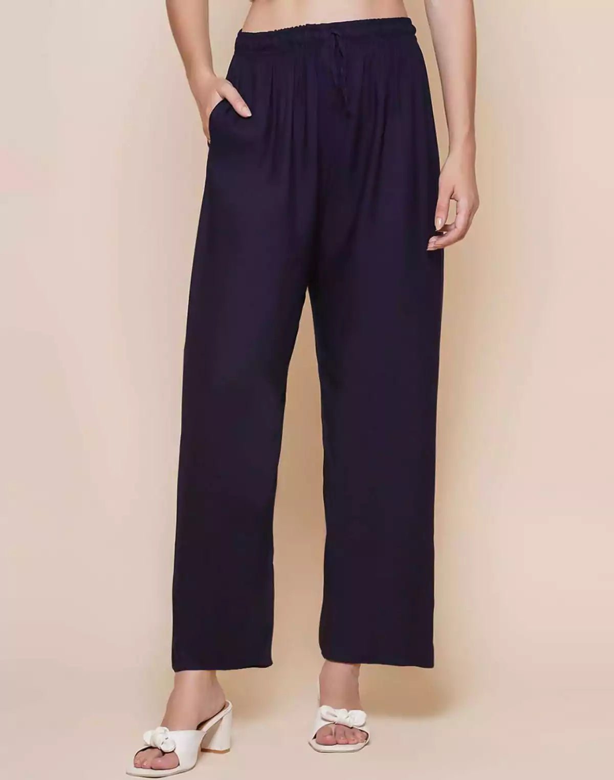 Image of Navy Blue Plain Rayon Plazzo Pant - South India Shopping Mall