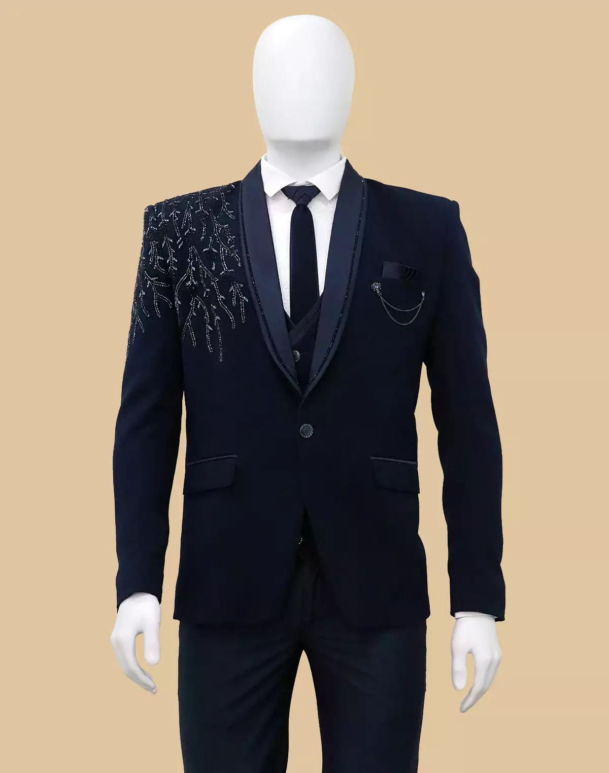 Image of Navy Blue Polynosic Cutdana with Stone work 5 Pc Tuxido Designer Suit - South India Shopping Mall