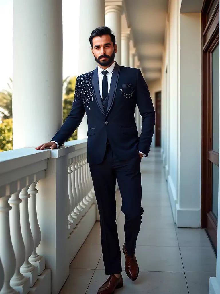 Image of Navy Blue Polynosic Cutdana with Stone work 5 Pc Tuxido Designer Suit - South India Shopping Mall