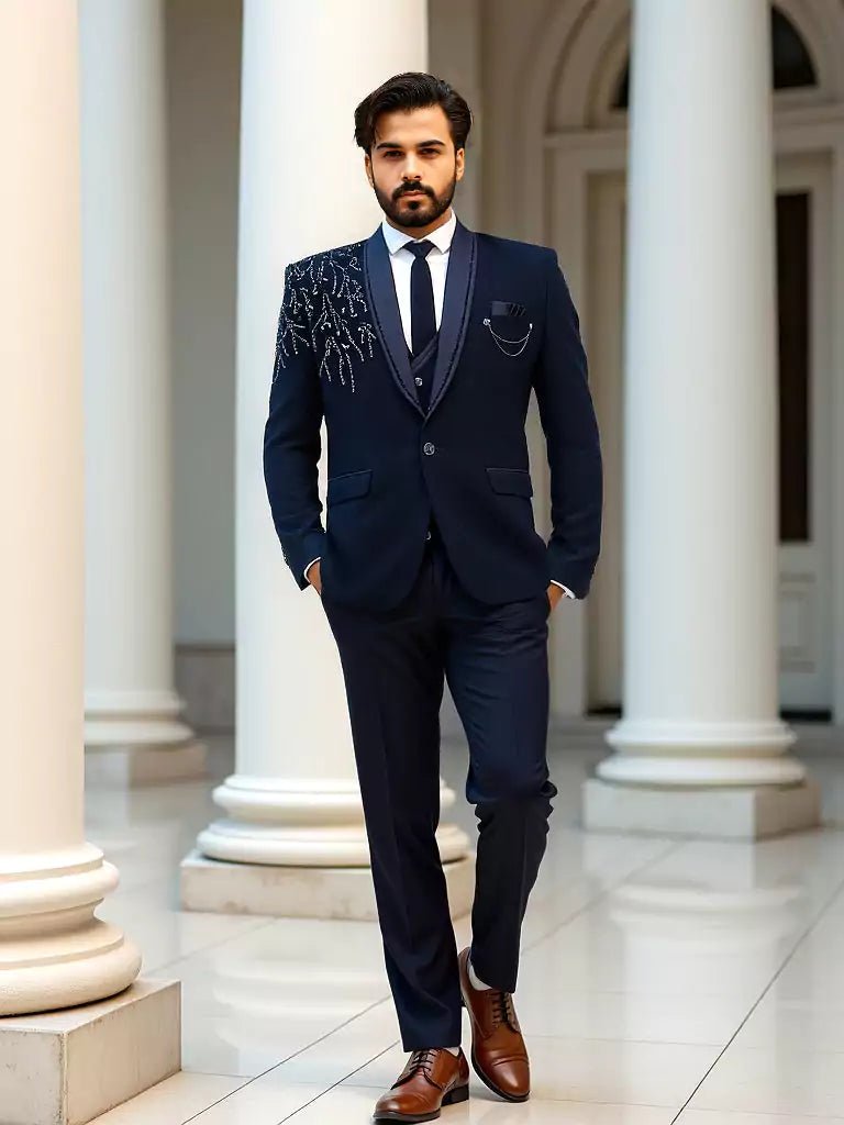 Image of Navy Blue Polynosic Cutdana with Stone work 5 Pc Tuxido Designer Suit - South India Shopping Mall