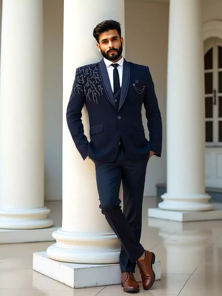 Image of Navy Blue Polynosic Cutdana with Stone work 5 Pc Tuxido Designer Suit - South India Shopping Mall