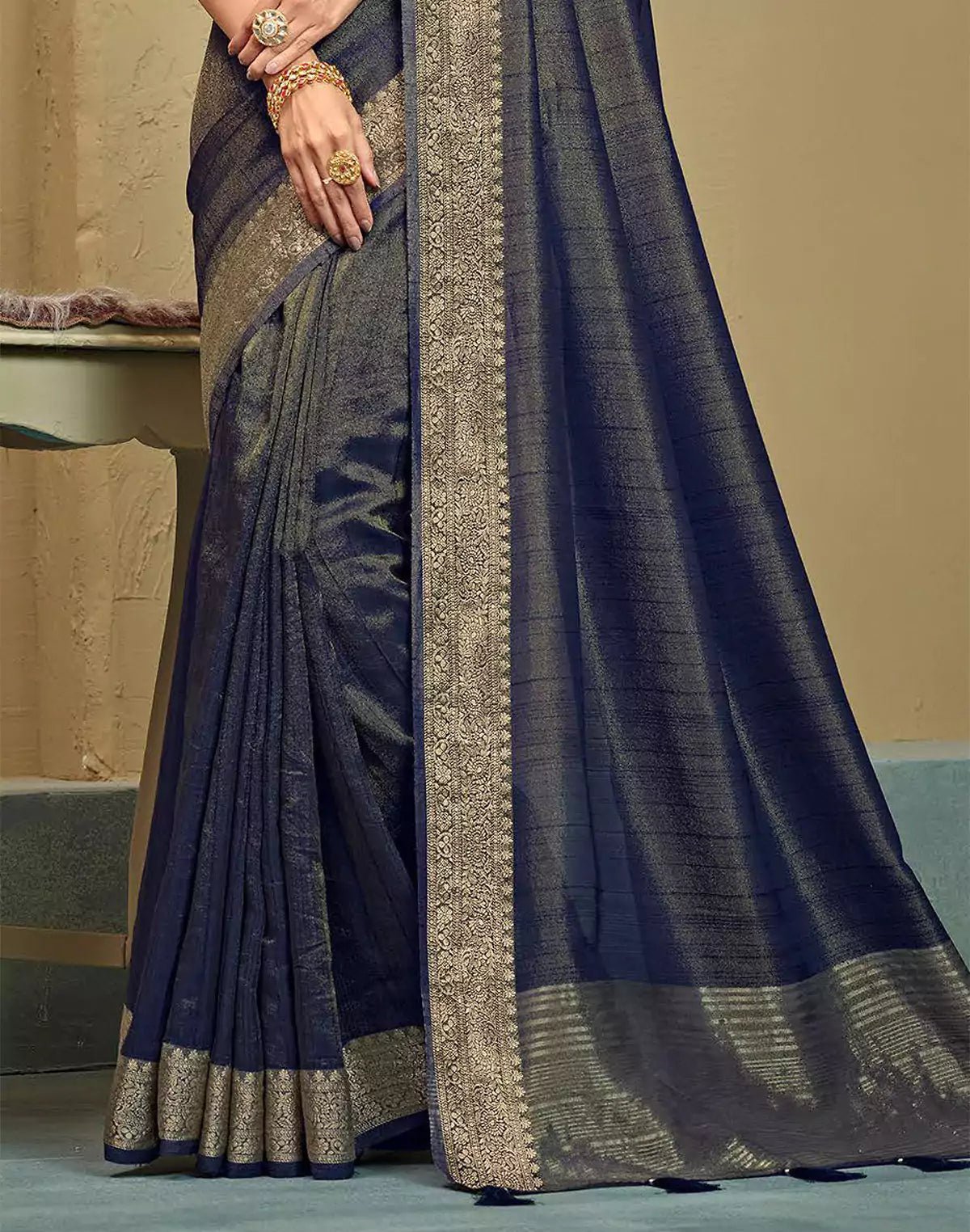 Image of Navy Blue Raw Silk Plain Saree - South India Shopping Mall