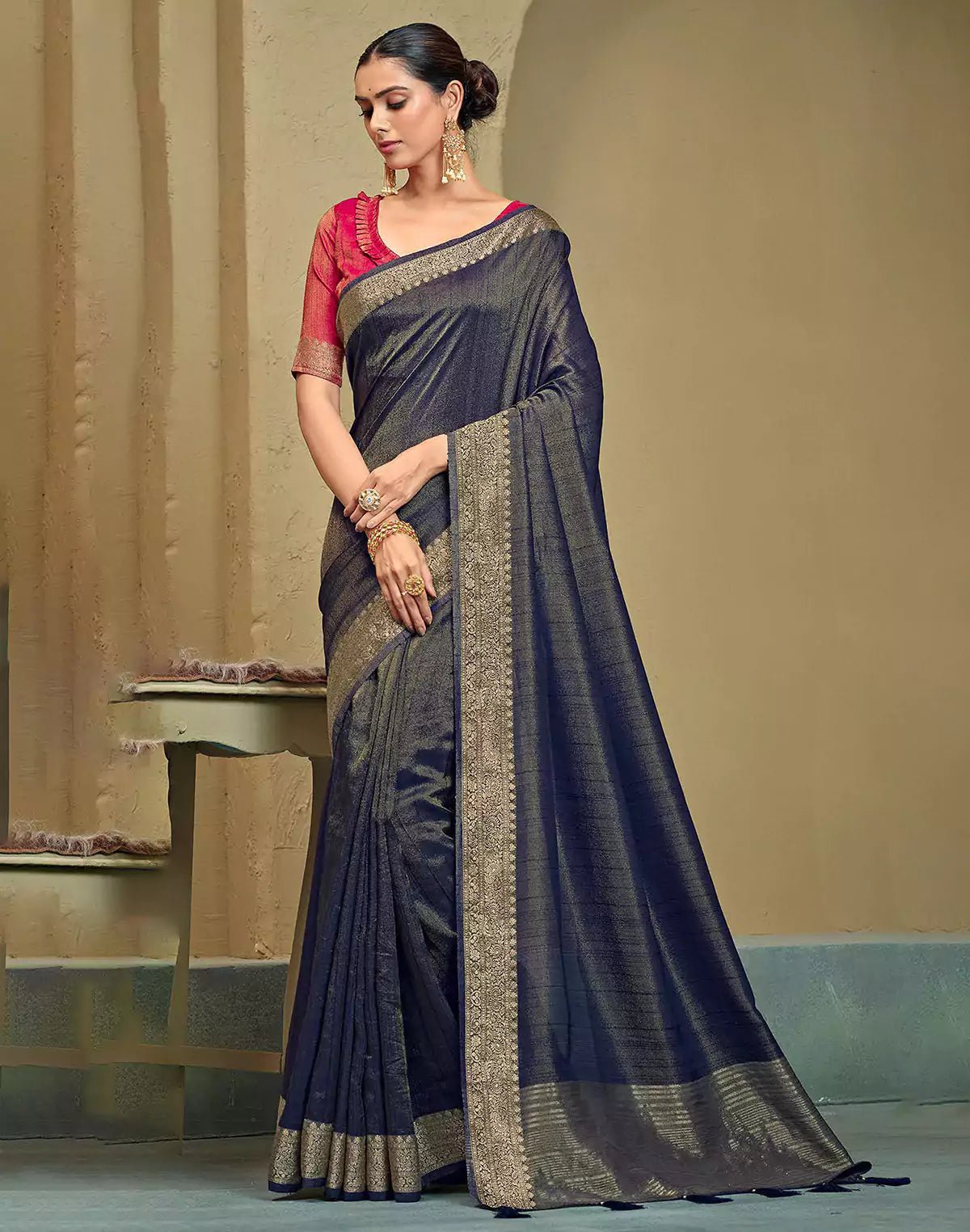 Image of Navy Blue Raw Silk Plain Saree - South India Shopping Mall