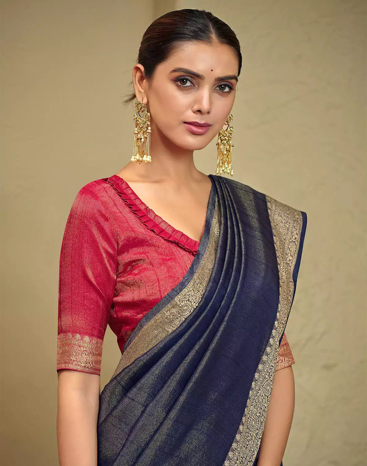 Image of Navy Blue Raw Silk Plain Saree - South India Shopping Mall