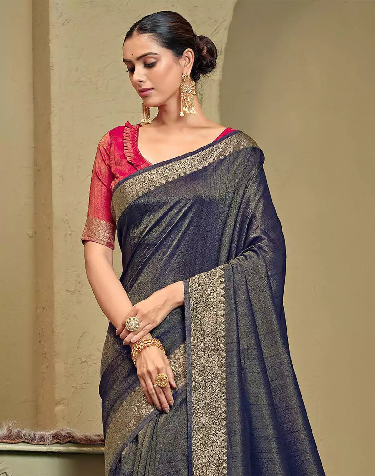 Image of Navy Blue Raw Silk Plain Saree - South India Shopping Mall