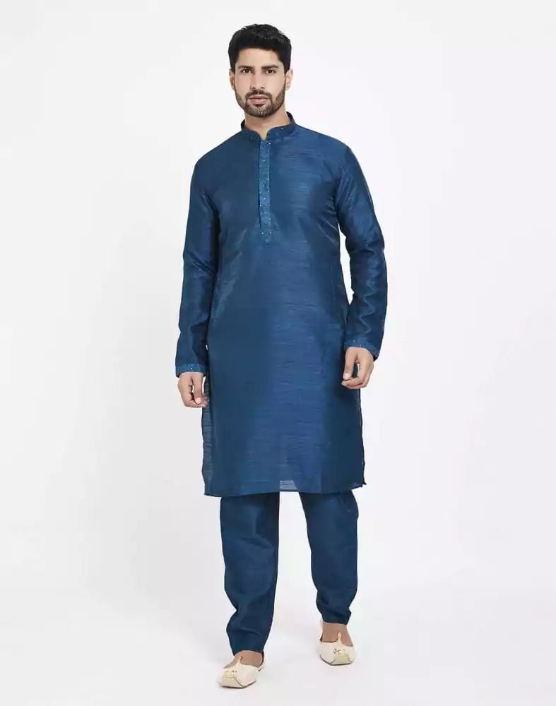 Image of Navy Blue Raw silk Sequence Work Kurta Set - South India Shopping Mall