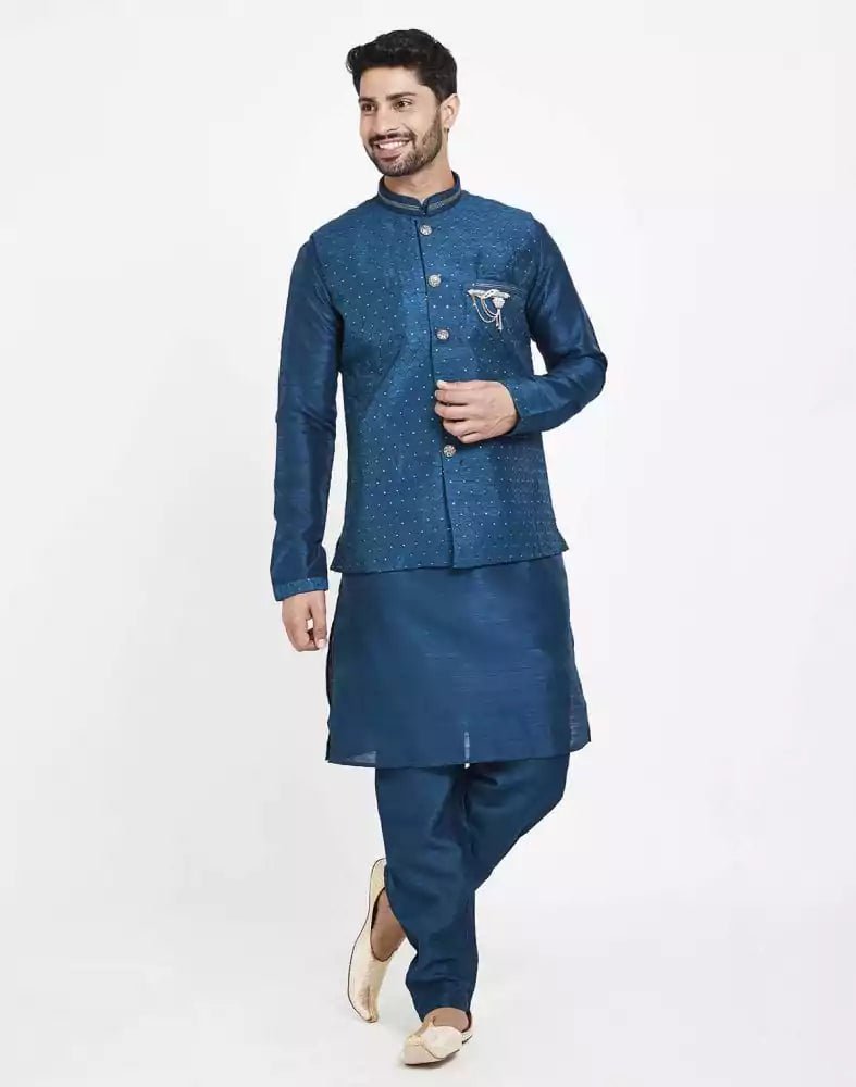 Image of Navy Blue Raw silk Sequence Work Kurta Set - South India Shopping Mall