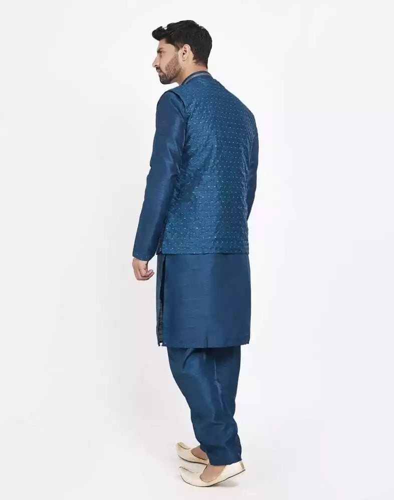 Image of Navy Blue Raw silk Sequence Work Kurta Set - South India Shopping Mall